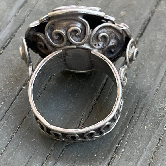 Vintage Sterling Silver Turquoise Ring Handmade Intricate Design Size 8 Boho Ch - Picture 8 of 11